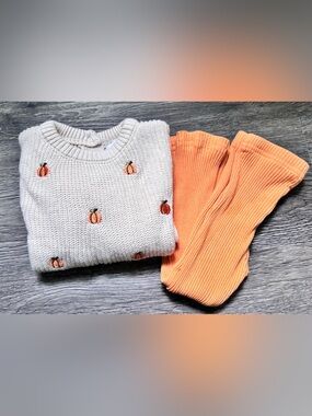 Cozy Pumpkin Embroidered Sweater & Orange Ribbed Leggings Kids Matching Set